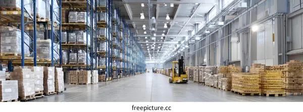 Large Industrial Warehouse with Pallets and Forklift