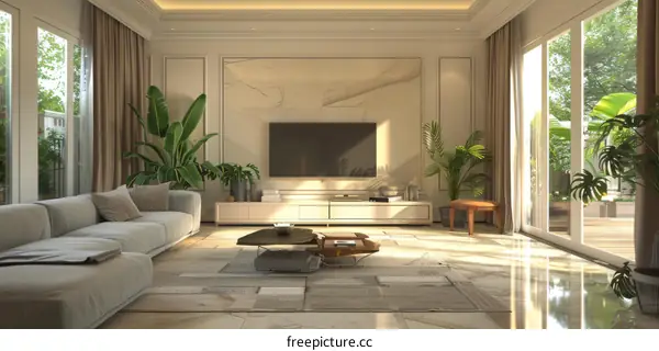 Luxury Living Room Interior Design with Floor-to-Ceiling Windows