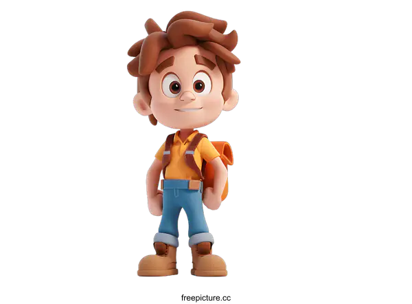 [Transparent Background PNG]a 3d illustration of a boy with brown hair and blue eyes wearing a yellow shirt and blue pants