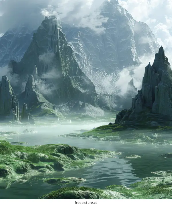 Fantasy landscape with mountains, lake and ruins