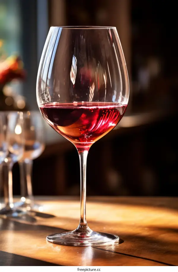 Close-up of a glass of red wine on a wooden table