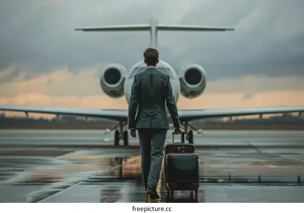 Businessman walking towards private jet