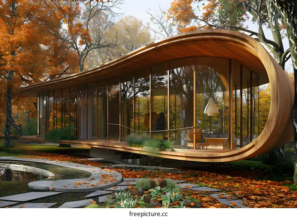 Modern Glass and Wood Curved House Design in Autumn Forest