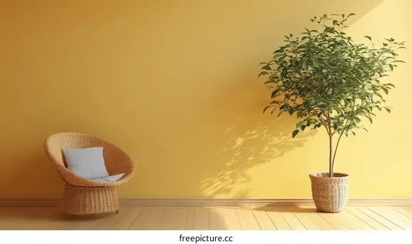 Modern Minimalist Room with Wicker Chair and Plant