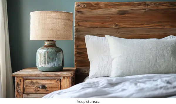 Rustic Bedroom Interior with Lamp and Bedding