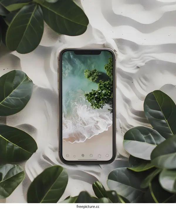 Golden Smartphone on Sand with Tropical Leaves