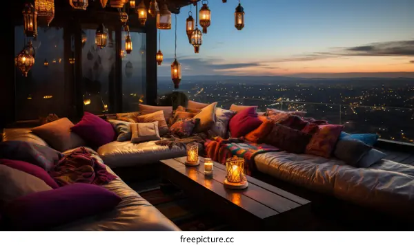 A cozy rooftop terrace with a view of the city at sunset