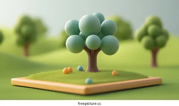 Green 3D Tree Illustration with Orange and Blue Easter Eggs on Grass