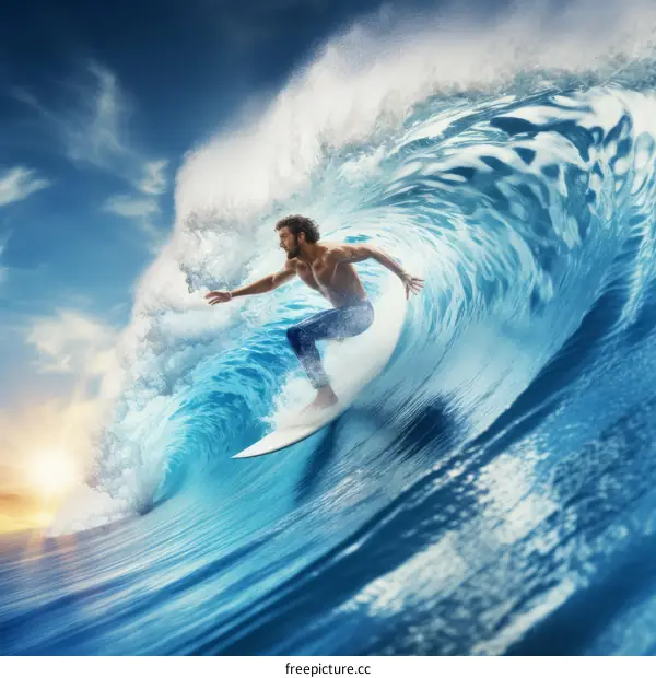 Surfer rides a big wave in the ocean