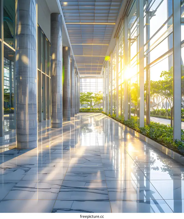 Modern Architecture Corridor with Glass Walls and Sunlight