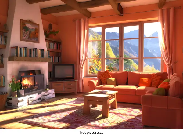 Cozy Living Room with Fireplace and Mountain View