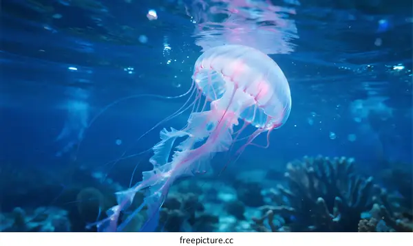 Beautiful Pink Jellyfish Swimming in Clear Blue Ocean Water