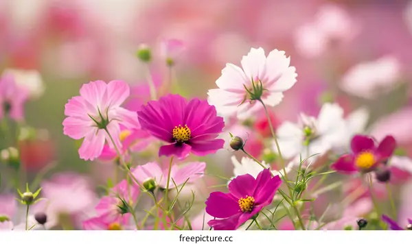 Pink and White Cosmos Flowers in a Field