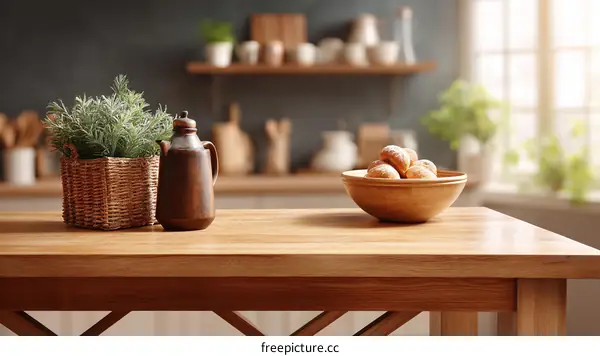 Wooden Kitchen Table with Decor and Food