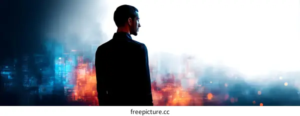 Man Contemplating Cityscape at Night