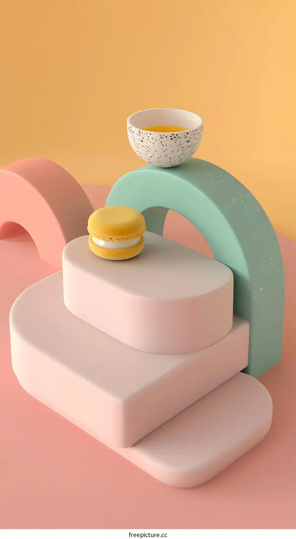 Abstract Minimalist 3D Render with Yellow Macaron and Tea Cup