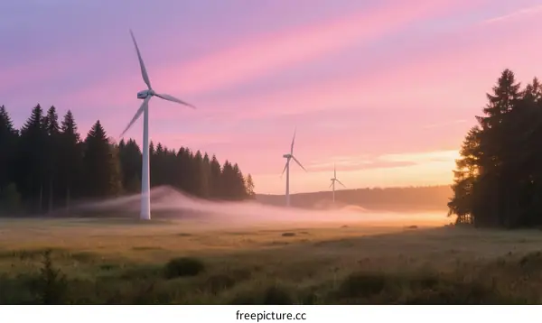 Sunrise over wind farm with misty meadow and trees