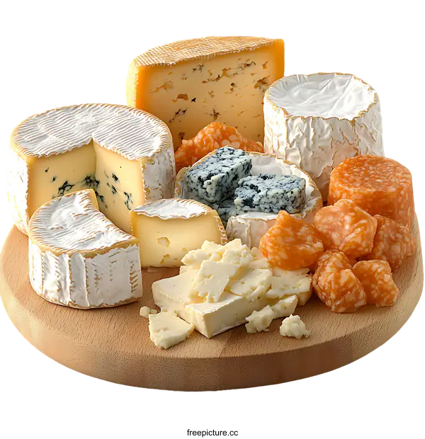 [Transparent Background PNG]Assorted Cheeses on Wooden Board