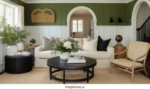 Cozy Living Room Interior Design with Greenery and Natural Elements