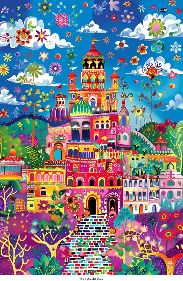 Colorful Illustration of a Fantasy Castle with Flowers and Birds