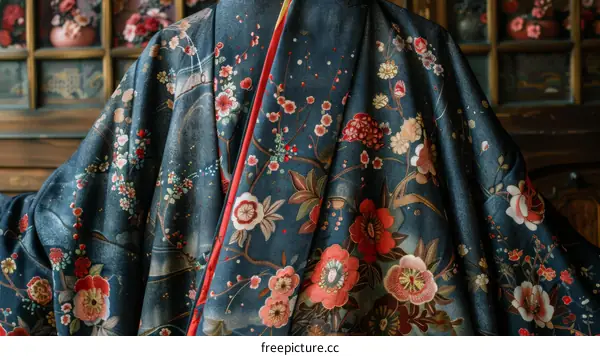 A kimono with a pattern of cherry blossoms and mandarin ducks