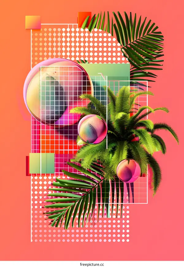 Abstract Tropical Geometric Art Design with Palm Leaves and 3D Balls on Pink Background