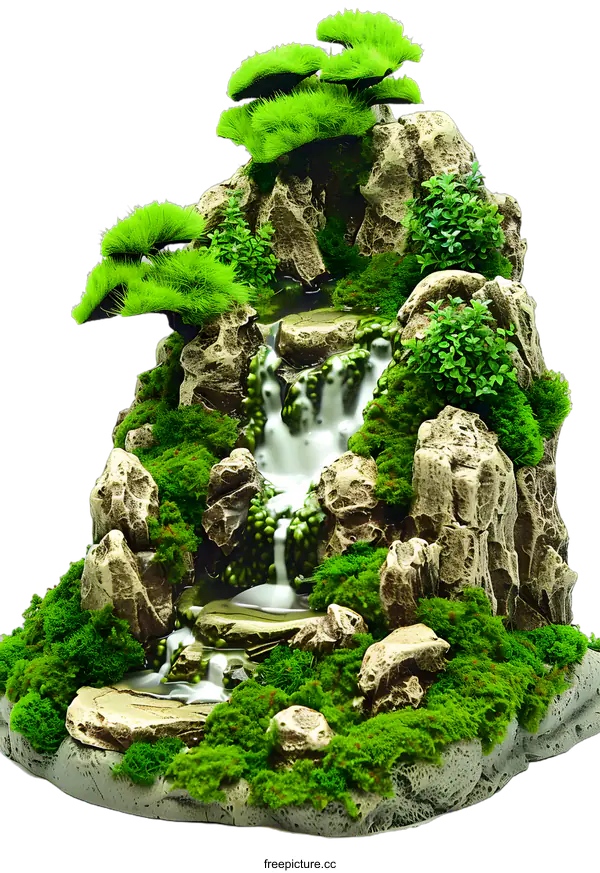 [Transparent Background PNG]Miniature Waterfall Landscape with Moss and Trees