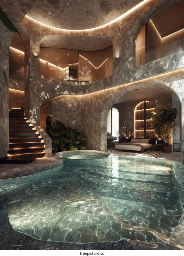 Luxury indoor swimming pool in rock cave style