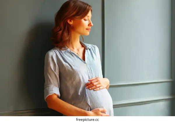 Pregnant woman leaning against wall