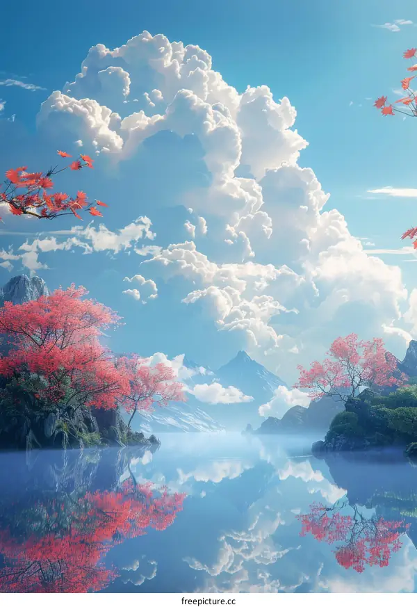 Tranquil mountain lake with red trees and white clouds