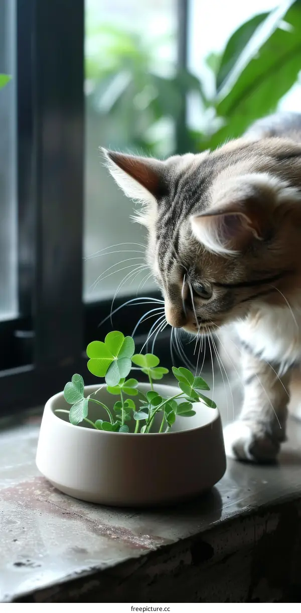 A cute cat is curiously sniffing a small pot of four-leaf clovers by the window