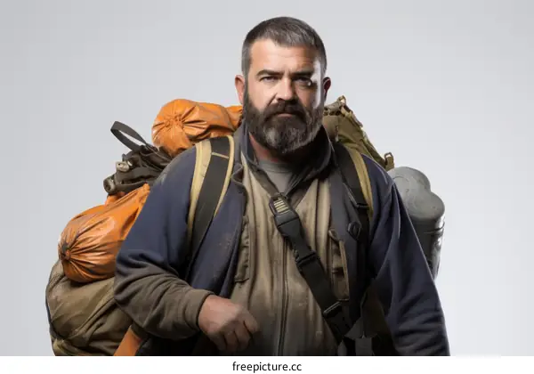 portrait of a male hiker with a beard and a backpack