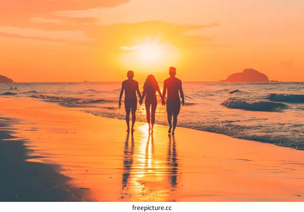Silhouettes of Three People Walking on the Beach at Sunset