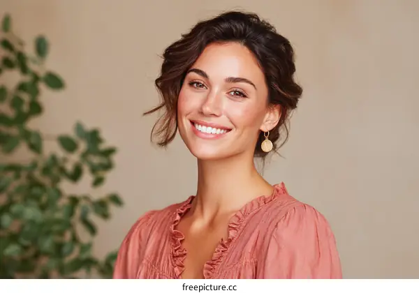 Smiling Caucasian Woman in a Light Peach Top