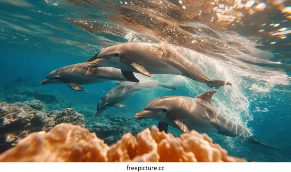 Four dolphins swimming in a coral reef