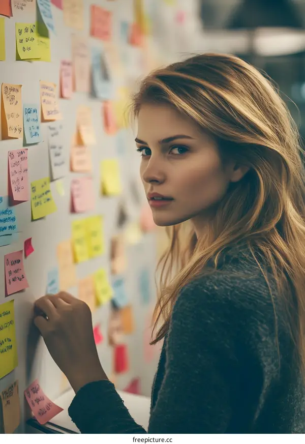 Young Blonde Woman Putting A Sticky Note On A Whiteboard Covered In Notes
