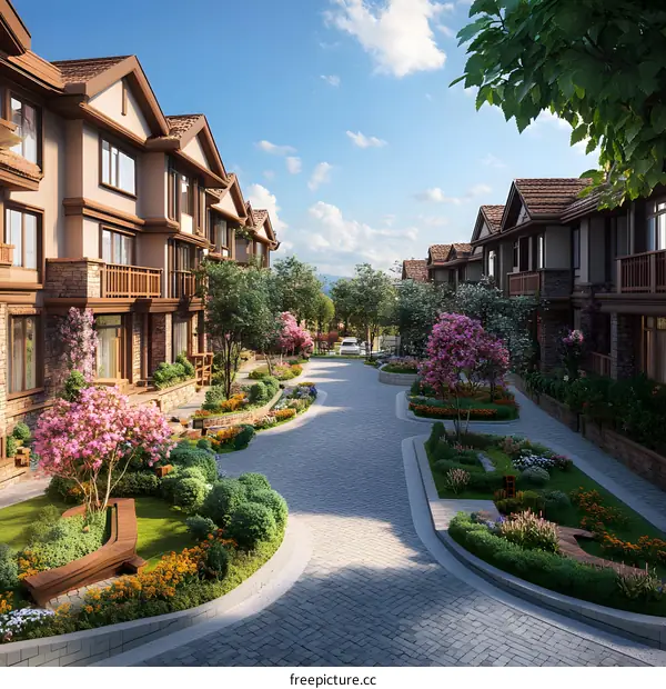 Cobblestone Pathway Through a Residential Neighborhood