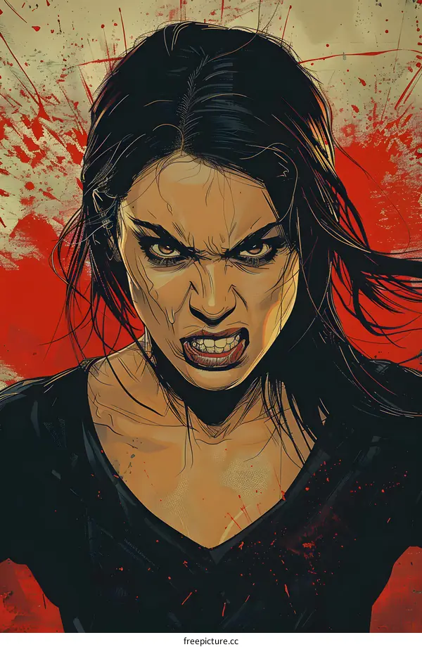 Portrait of a woman with black hair and red eyes, looking at the viewer with an angry expression.