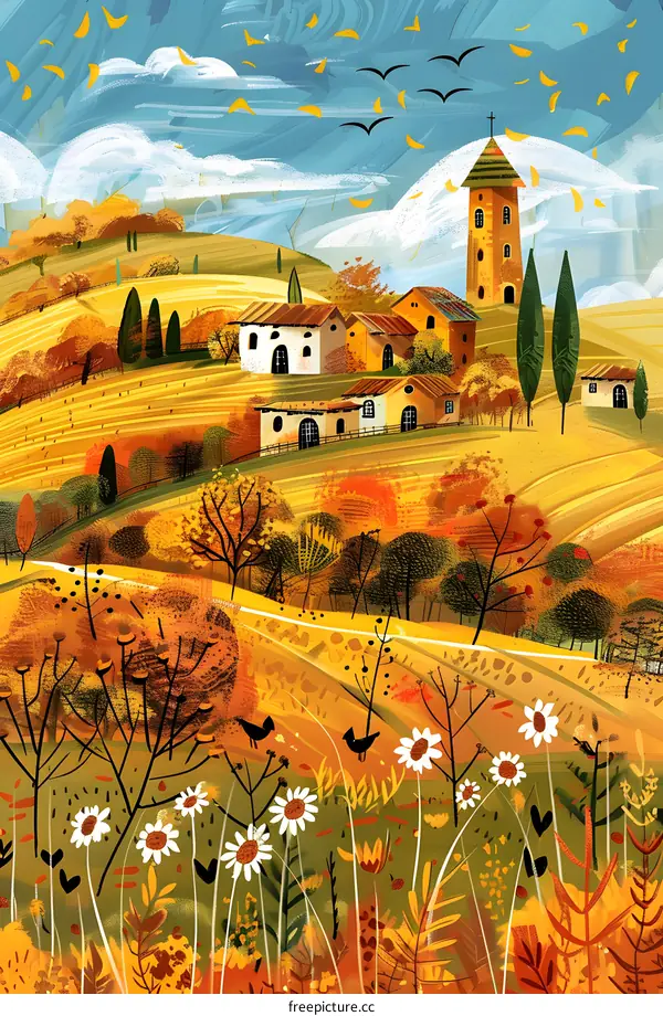 Autumn Village Landscape With Yellow Fields and Houses