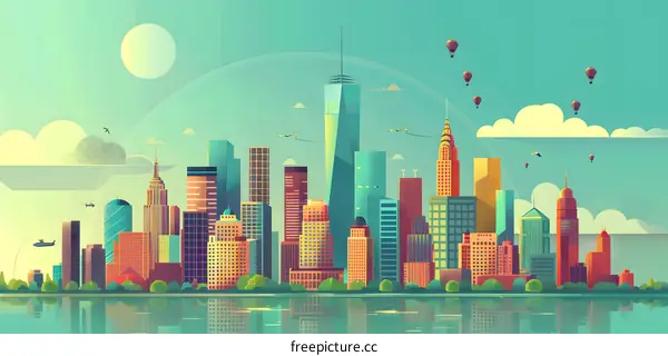Cityscape Illustration With Buildings And Balloons