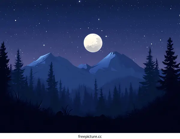Nighttime Landscape with Full Moon and Mountain Silhouette
