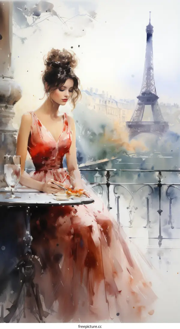Elegant Woman in Red Dress at Parisian Cafe with Eiffel Tower