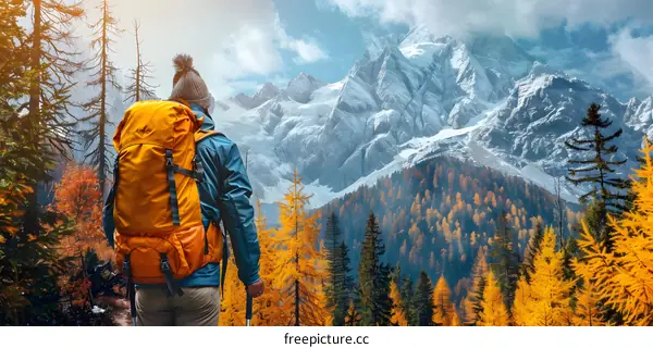 Man with backpack standing on top of a mountain looking at the view