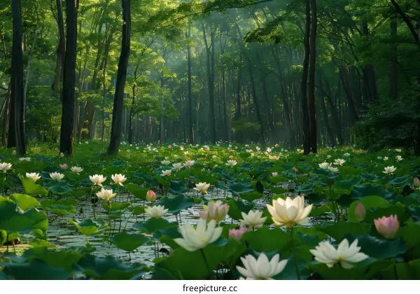 A beautiful pond of lotus flowers in a forest
