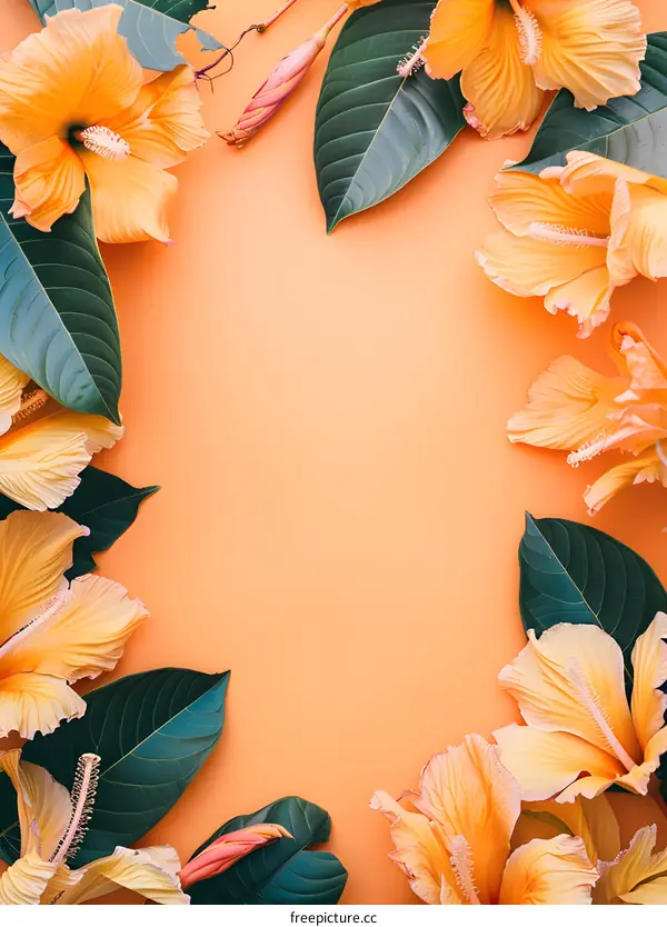 Tropical Flower Arrangement with Yellow Hibiscus and Green Leaves on Peach Background