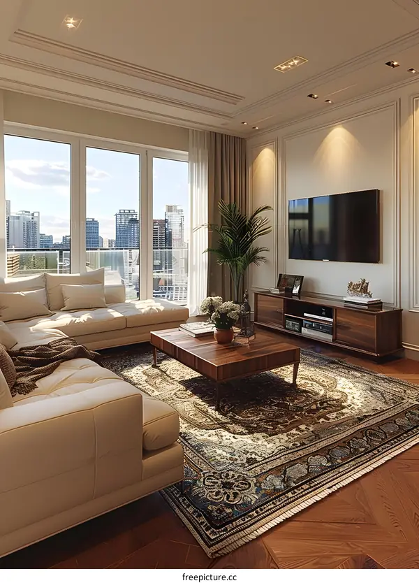 Bright apartment living room with hardwood floors and large windows