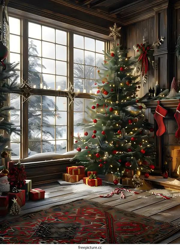 Christmas tree by the fireplace