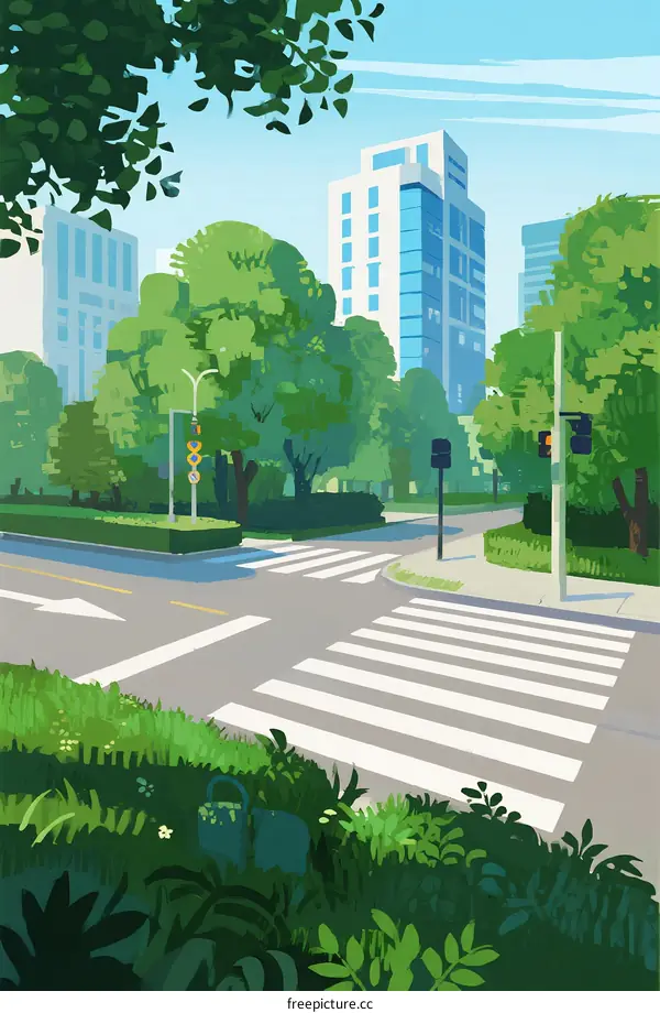 Urban Street with Lush Green Trees and Modern Buildings