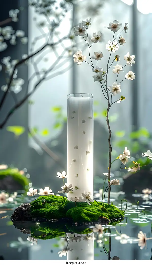 A tall glass vase filled with a white liquid sits on a mossy rock in a shallow pond surrounded by white flowers and green foliage.