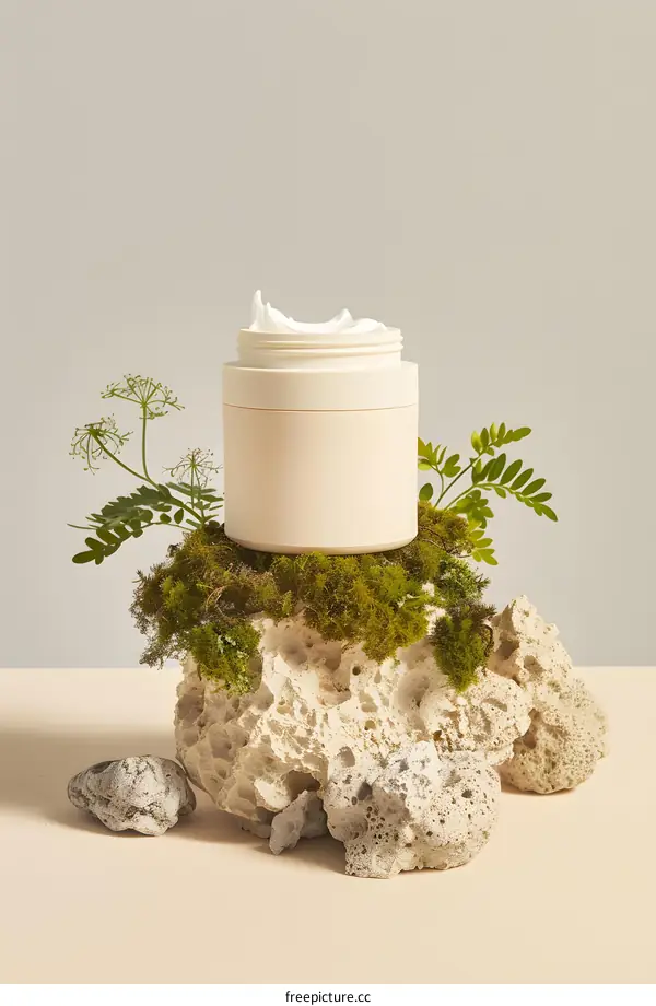 Natural Cream Jar On Stone And Moss